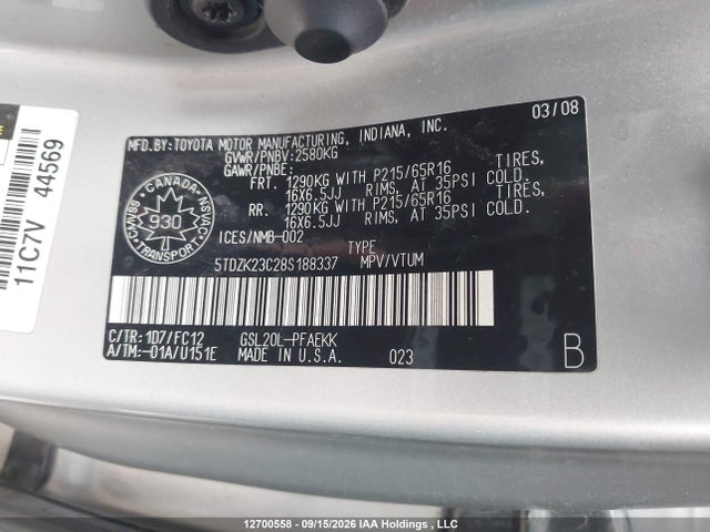 2008 Toyota Sienna Le 7 Passenger მანქანა იყიდება აუქციონზე, vin: 5TDZK23C28S188337, აუქციონის ნომერი: 12700558
