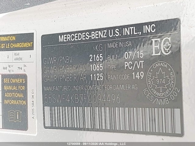 Auction sale of the 2015 Mercedes-benz C 300 4matic, vin: 55SWF4KB7FU094496, lot number: 12700559