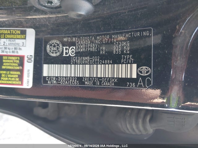 Aukcja sprzedaży 2014 Toyota Corolla S, vin: 2T1BURHE0EC224884, numer aukcji: 12700574