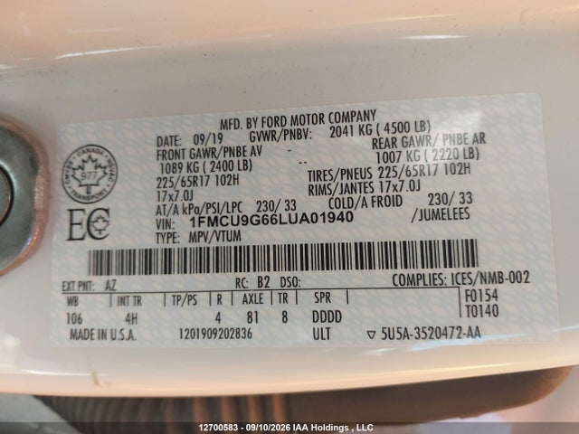 Aukcja sprzedaży 2020 Ford Escape Se, vin: 1FMCU9G66LUA01940, numer aukcji: 12700583