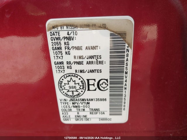 Auction sale of the 2010 Nissan Rogue Sl, vin: JN8AS5MV4AW135986, lot number: 12700588