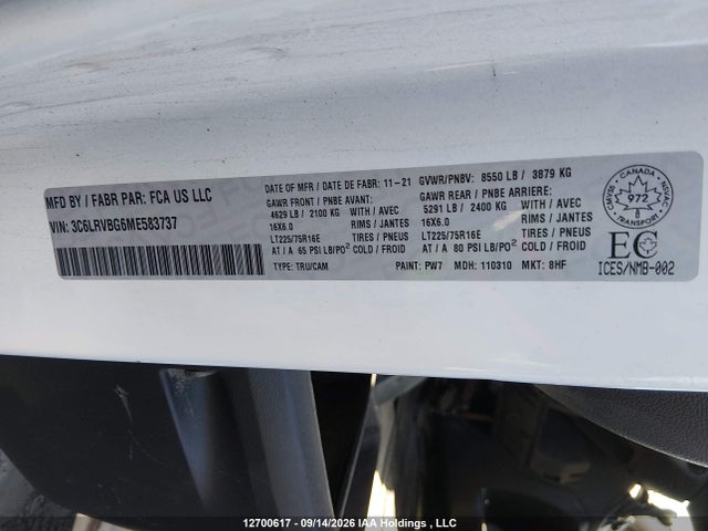 Продажа на аукционе авто 2021 Ram Promaster 1500 High Roof 136 In. Wb, vin: 3C6LRVBG6ME583737, номер лота: 12700617