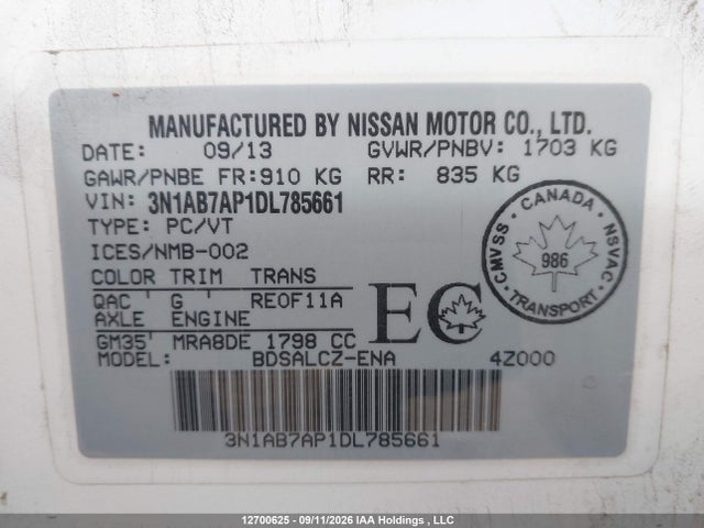 Продаж на аукціоні авто 2013 Nissan Sentra S/sv/sr/sl, vin: 3N1AB7AP1DL785661, номер лоту: 12700625
