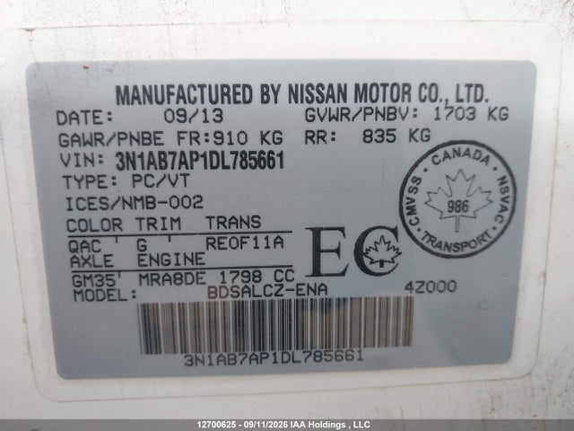 Продаж на аукціоні авто 2013 Nissan Sentra S/sv/sr/sl, vin: 3N1AB7AP1DL785661, номер лоту: 12700625