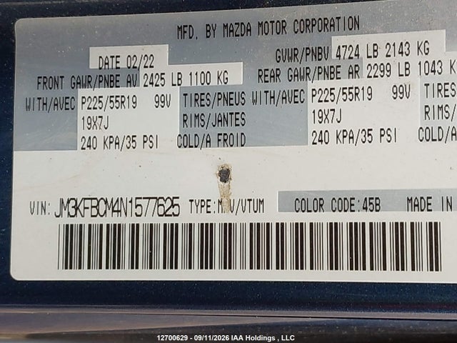 12700629 :رقم المزاد ، JM3KFBCM4N1577625 vin ، 2022 Mazda Cx-5 Preferred مزاد بيع