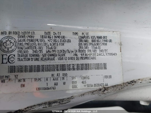 Aukcja sprzedaży 2012 Ford Focus, vin: 1FAHP3E24CL170543, numer aukcji: 12700638