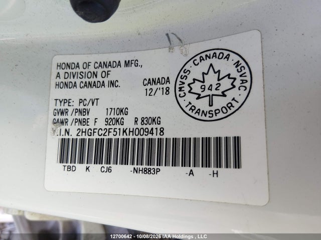Honda Civic Lx 2019 2HGFC2F51KH009418 Image 9