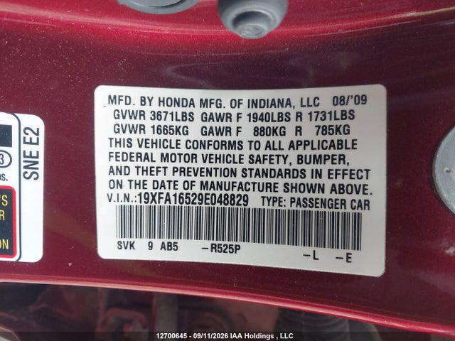 12700645 :رقم المزاد ، 19XFA16529E048829 vin ، 2009 Honda Civic Lx مزاد بيع