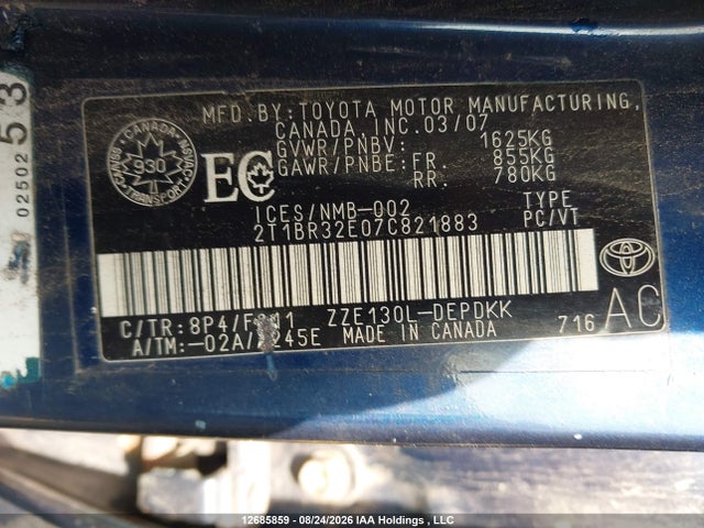 12685859 :رقم المزاد ، 2T1BR32E07C821883 vin ، 2007 Toyota Corolla Ce/le/sport مزاد بيع