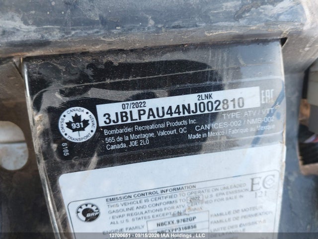 2022 Can-am Outlander Max Xt 850/xt-p 850 მანქანა იყიდება აუქციონზე, vin: 3JBLPAU44NJ002810, აუქციონის ნომერი: 12700651