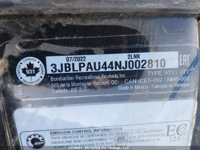 2022 Can-am Outlander Max Xt 850/xt-p 850 მანქანა იყიდება აუქციონზე, vin: 3JBLPAU44NJ002810, აუქციონის ნომერი: 12700651