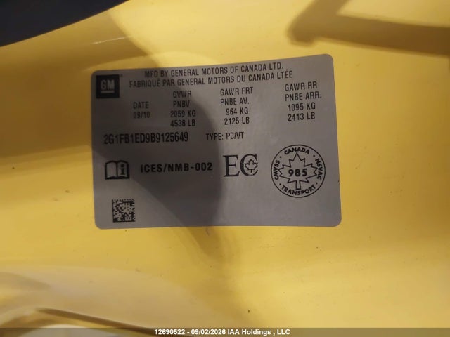2011 Chevrolet Camaro Lt მანქანა იყიდება აუქციონზე, vin: 2G1FB1ED9B9125649, აუქციონის ნომერი: 12690522
