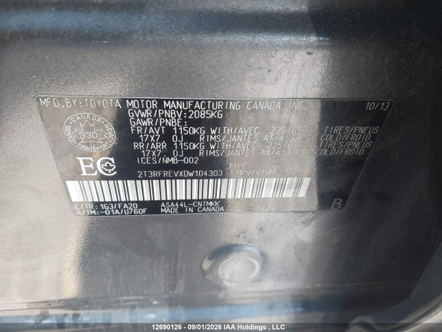 12690126 :رقم المزاد ، 2T3RFREVXDW104303 vin ، 2013 Toyota Rav4 Xle مزاد بيع