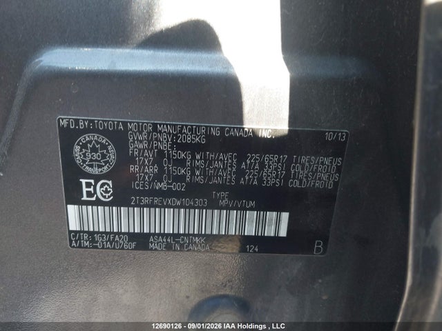 12690126 :رقم المزاد ، 2T3RFREVXDW104303 vin ، 2013 Toyota Rav4 Xle مزاد بيع