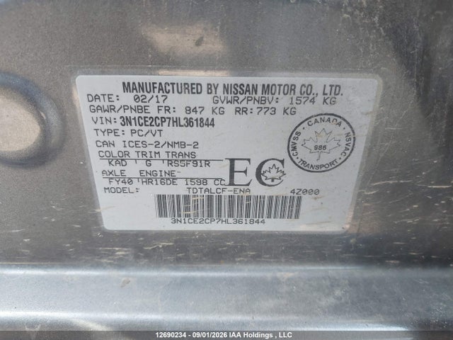 2017 Nissan Versa Note 1.6 S/1.6 Sl/1.6 Sr/1.6 Sv მანქანა იყიდება აუქციონზე, vin: 3N1CE2CP7HL361844, აუქციონის ნომერი: 12690234