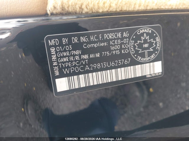 Aukcja sprzedaży 2003 Porsche Boxster, vin: WP0CA29813U623767, numer aukcji: 12690292