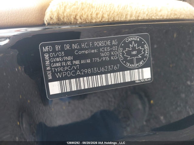 Aukcja sprzedaży 2003 Porsche Boxster, vin: WP0CA29813U623767, numer aukcji: 12690292