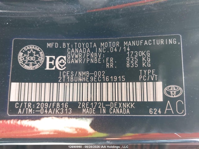 12690990 :رقم المزاد ، 2T1BURHE9EC161915 vin ، 2014 Toyota Corolla Le مزاد بيع