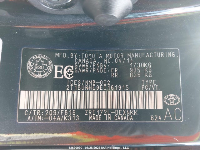 12690990 :رقم المزاد ، 2T1BURHE9EC161915 vin ، 2014 Toyota Corolla Le مزاد بيع
