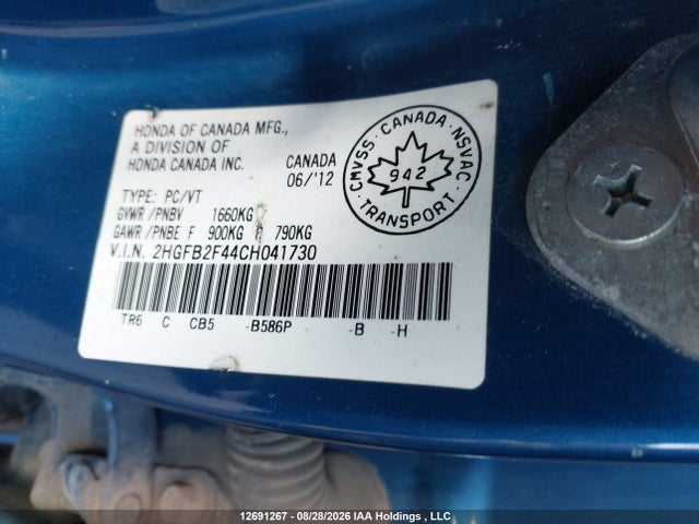 12691267 :رقم المزاد ، 2HGFB2F44CH041730 vin ، 2012 Honda Civic Lx مزاد بيع
