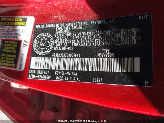 12691472 :رقم المزاد ، 4T3BK3BB7BU054641 vin ، 2011 Toyota Venza Base V6 مزاد بيع