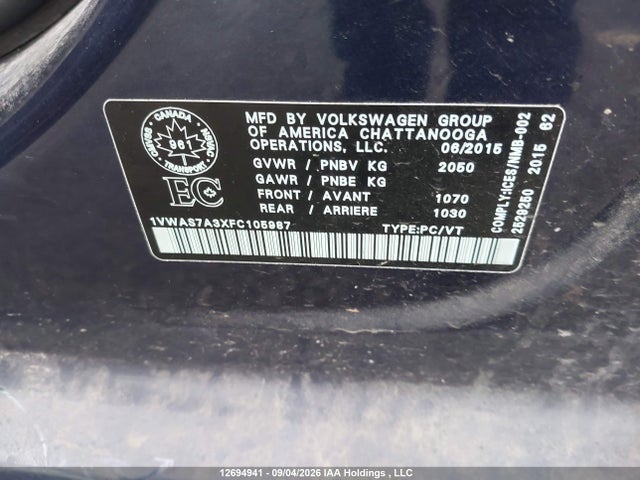 12694941 :رقم المزاد ، 1VWAS7A3XFC105987 vin ، 2015 Volkswagen Passat 1.8 Tsi Trendline مزاد بيع