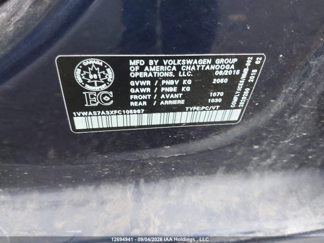 12694941 :رقم المزاد ، 1VWAS7A3XFC105987 vin ، 2015 Volkswagen Passat 1.8 Tsi Trendline مزاد بيع