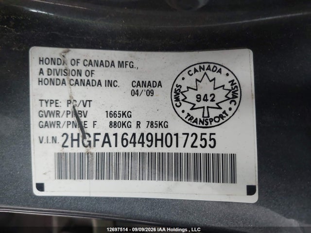 12697514 :رقم المزاد ، 2HGFA16449H017255 vin ، 2009 Honda Civic Dx-g مزاد بيع