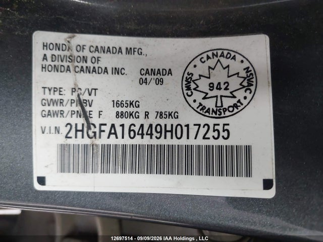 12697514 :رقم المزاد ، 2HGFA16449H017255 vin ، 2009 Honda Civic Dx-g مزاد بيع