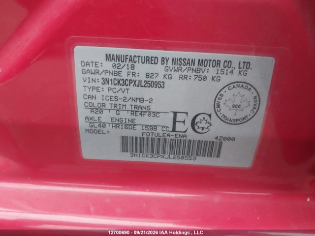 12700690 :رقم المزاد ، 3N1CK3CPXJL250953 vin ، 2018 Nissan Micra مزاد بيع