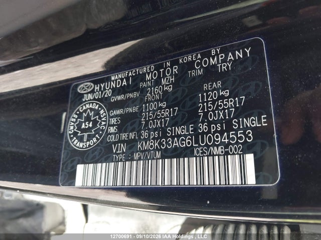 2020 Hyundai Kona Limited მანქანა იყიდება აუქციონზე, vin: KM8K33AG6LU094553, აუქციონის ნომერი: 12700691