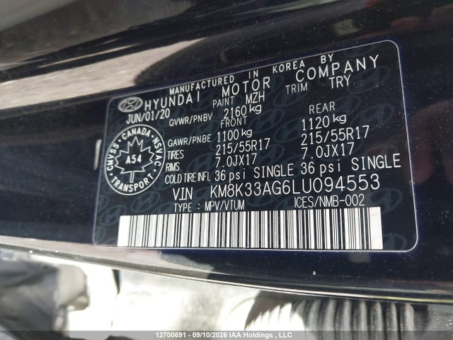 2020 Hyundai Kona Limited მანქანა იყიდება აუქციონზე, vin: KM8K33AG6LU094553, აუქციონის ნომერი: 12700691