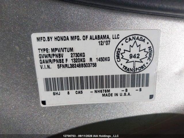 12700703 :رقم المزاد ، 5FNRL38248B503758 vin ، 2008 Honda Odyssey Lx مزاد بيع