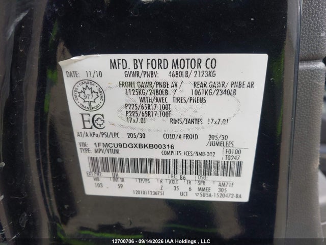 Продаж на аукціоні авто 2011 Ford Escape Xlt, vin: 1FMCU9DGXBKB00316, номер лоту: 12700706