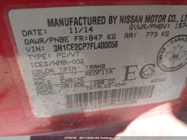2015 Nissan Versa Note 1.6sv მანქანა იყიდება აუქციონზე, vin: 3N1CE2CP7FL400056, აუქციონის ნომერი: 12700707