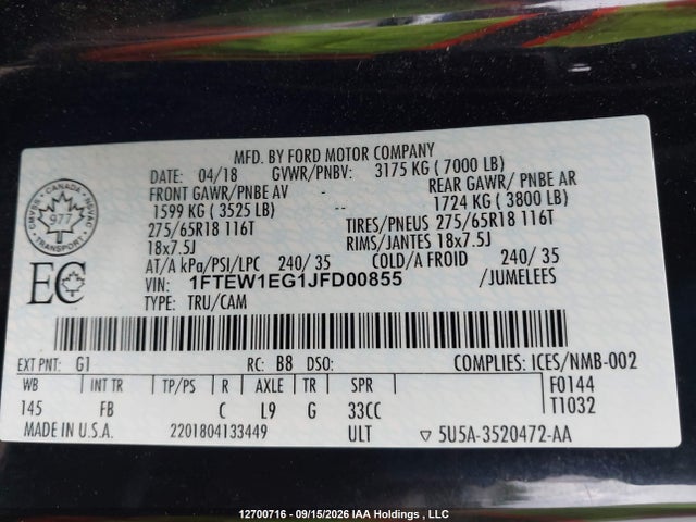 Продаж на аукціоні авто 2018 Ford F-150 Xlt, vin: 1FTEW1EG1JFD00855, номер лоту: 12700716