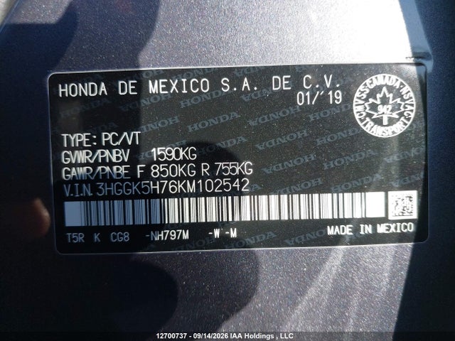 3HGGK5H76KM102542 Honda FIT EX