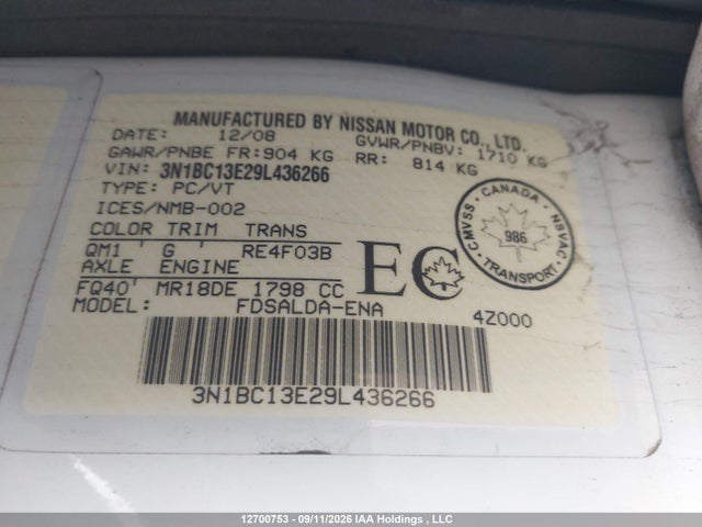 Продажа на аукционе авто 2009 Nissan Versa 1.8s, vin: 3N1BC13E29L436266, номер лота: 12700753