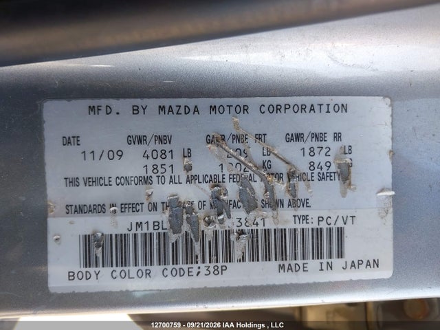 2010 Mazda Mazda3 Gt მანქანა იყიდება აუქციონზე, vin: JM1BL1S51A1253841, აუქციონის ნომერი: 12700759