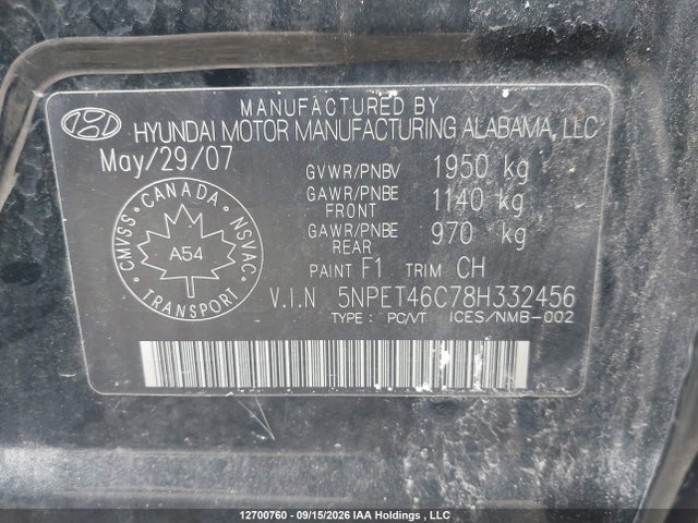 12700760 :رقم المزاد ، 5NPET46C78H332456 vin ، 2008 Hyundai Sonata Gl/gls مزاد بيع