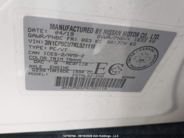 3N1CP5CU7KL521116 Nissan Kicks S/sr/sv