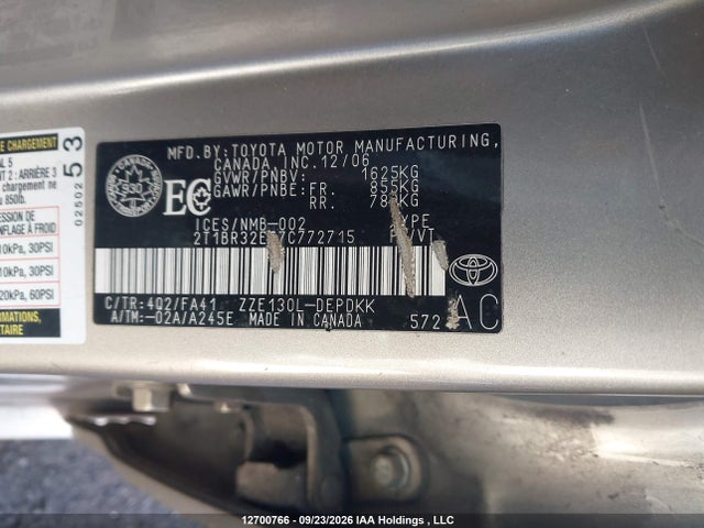 Aukcja sprzedaży 2007 Toyota Corolla Ce/le/sport, vin: 2T1BR32E77C772715, numer aukcji: 12700766