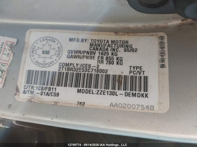 Aukcja sprzedaży 2003 Toyota Corolla Ce/le/sport, vin: 2T1BR32E53C718002, numer aukcji: 12700774