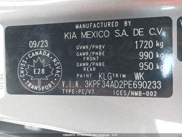 12644474 :رقم المزاد ، 3KPF34AD2PE690233 vin ، 2023 Kia Forte Ex/ex Premium/ex+/gt-line مزاد بيع
