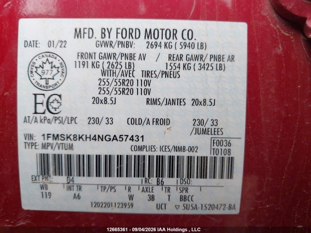 12665361 :رقم المزاد ، 1FMSK8KH4NGA57431 vin ، 2022 Ford Explorer St-line مزاد بيع