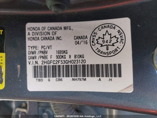 Продажа на аукционе авто 2016 Honda Civic Lx, vin: 2HGFC2F53GH023120, номер лота: 12685673