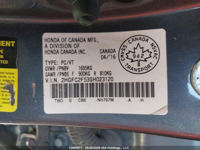 Продажа на аукционе авто 2016 Honda Civic Lx, vin: 2HGFC2F53GH023120, номер лота: 12685673