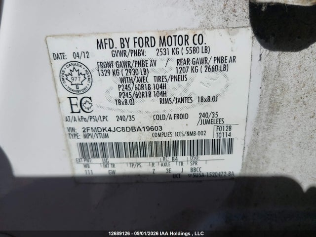 Продажа на аукционе авто 2013 Ford Edge Sel, vin: 2FMDK4JC8DBA19603, номер лота: 12689126