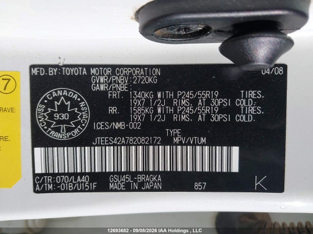 12693682 :رقم المزاد ، JTEES42A782082172 vin ، 2008 Toyota Highlander V6 Limited مزاد بيع