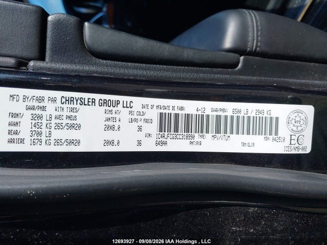 Aukcja sprzedaży 2012 Jeep Grand Cherokee Overland, vin: 1C4RJFCG3CC318990, numer aukcji: 12693927